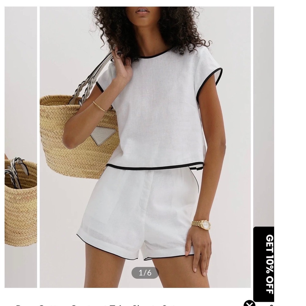 Commense White Contrast Trim Shorts Set Linen Blend Two Piece XS New!